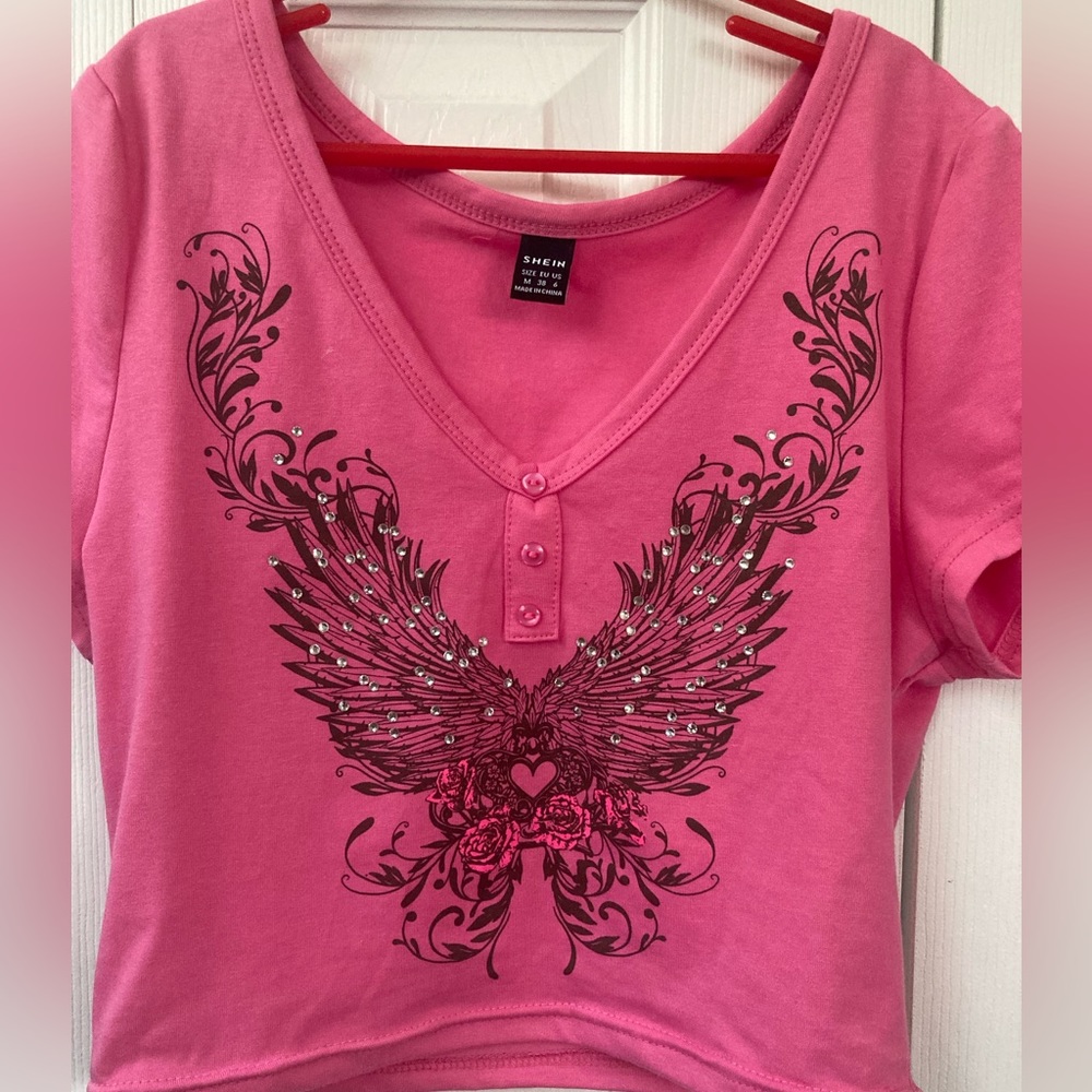 Shein never worn!! Pink crop top with rhinestone